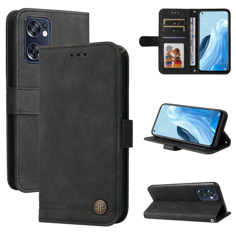 Black leather folio phone case with metal button, card slots, and kickstand mode