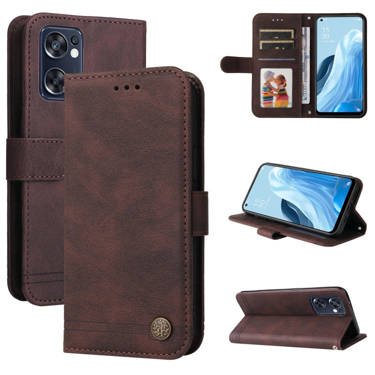 Brown leather folio phone case with metal button, card slots, and viewing stand