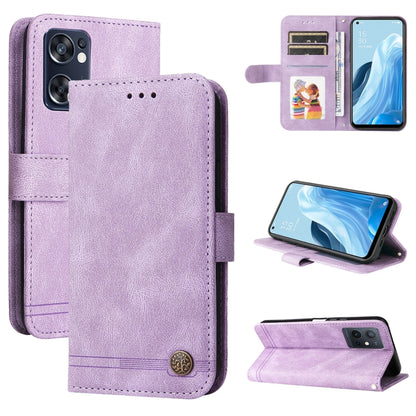 Purple leather folio phone case with metal button, card slots, and kickstand view
