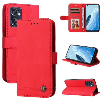 Red leather folio phone case with card slots, metal button, and kickstand