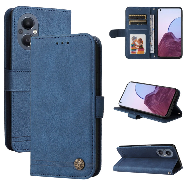 Blue leather folio phone case with card slots, metal button, and kickstand