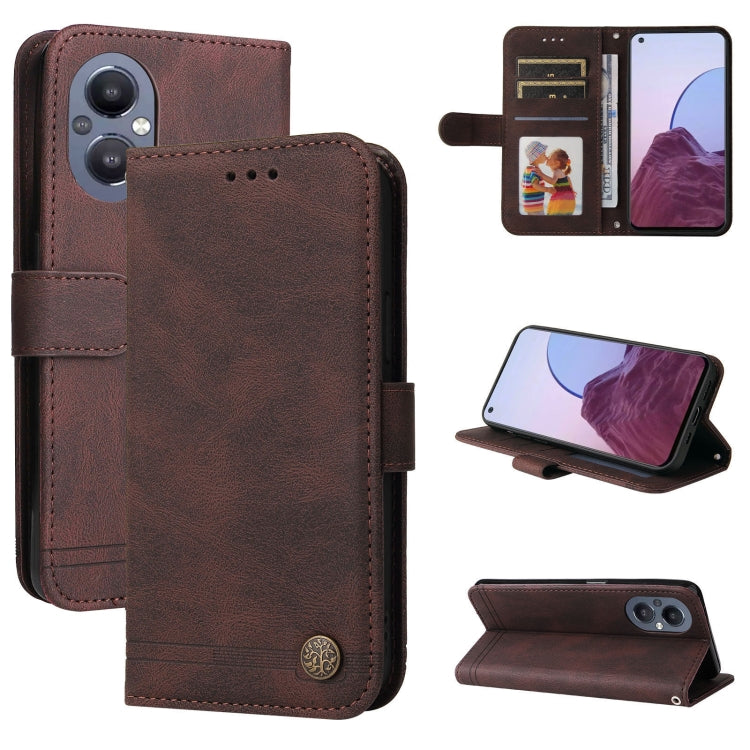Brown leather folio phone case with card slots, metal button, and kickstand