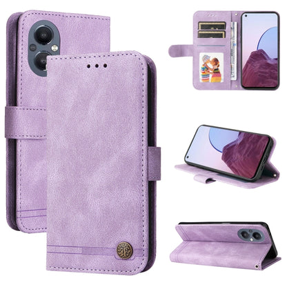 Purple leather folio phone case with card slots, metal button, and kickstand