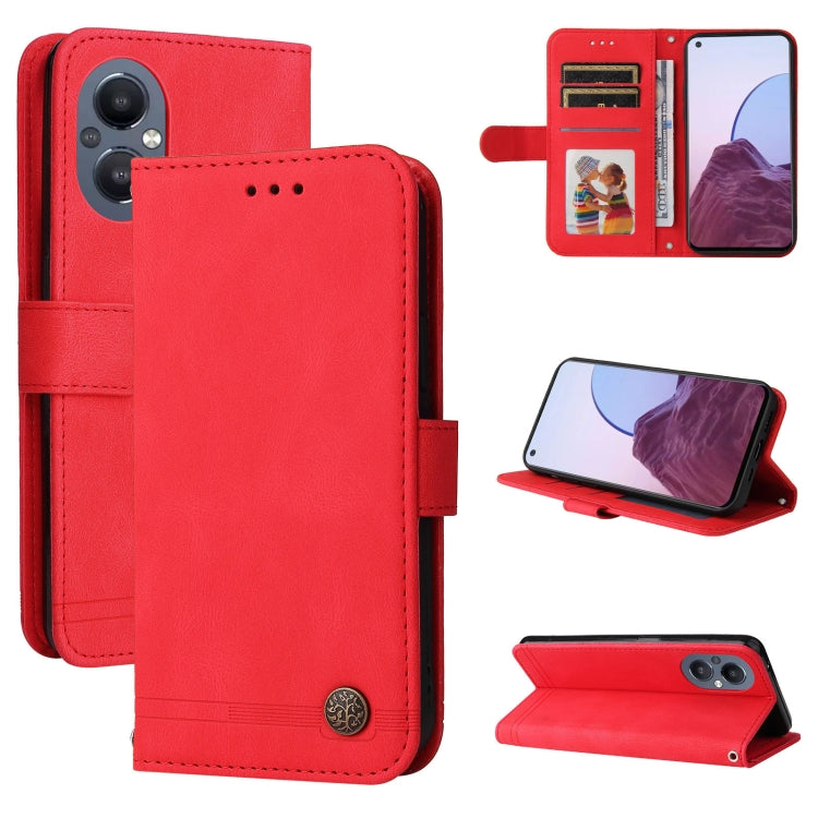 Red leather folio phone case with card slots, metal button, and kickstand