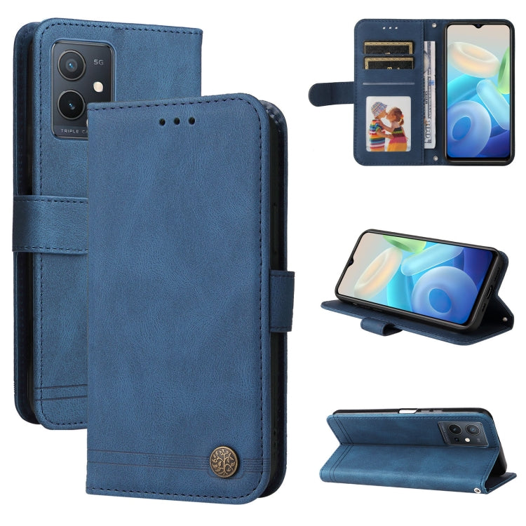 Blue leather folio phone case with card slots, metal button, and kickstand