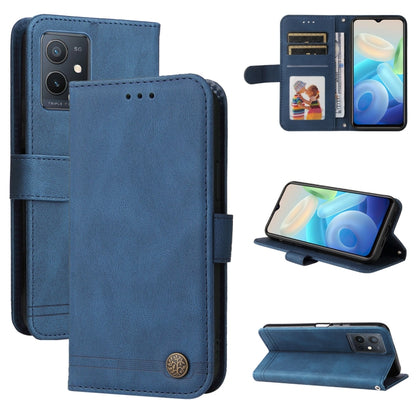 Blue leather folio phone case with card slots, metal button, and kickstand