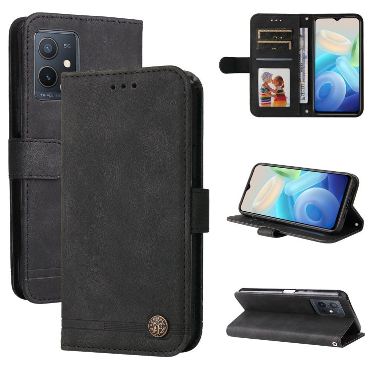 Black leather folio phone case with card slots, metal button, and kickstand