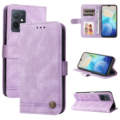 Purple leather folio phone case with card slots, metal button, and kickstand