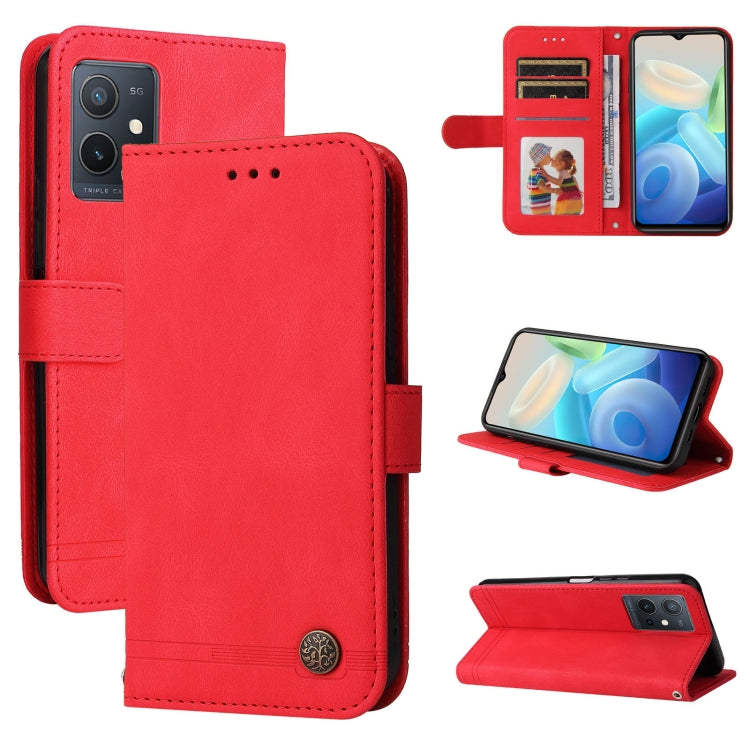 Red leather phone case with metal button and wallet card slots