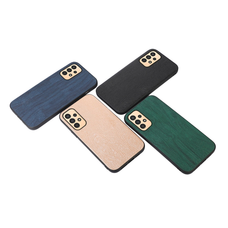 Wood-texture PU phone case, assorted colors (blue, black, tan, green) laid out.