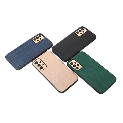 Wood-texture PU phone case, assorted colors (blue, black, tan, green) laid out.