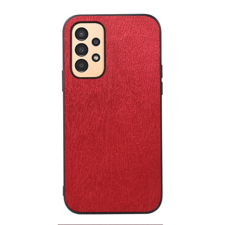 Wood-texture PU phone case, red, with camera cutouts and side buttons.