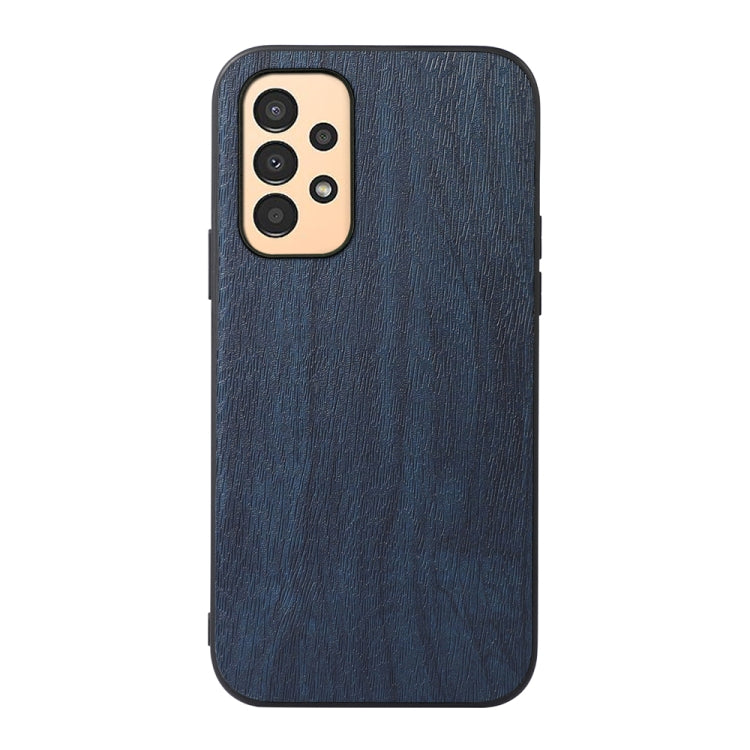 Wood-texture PU phone case, blue, with camera cutouts and textured finish.