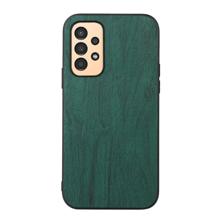 Wood-texture PU phone case, green, with camera cutouts and textured surface.