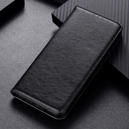 Black magnetic flip leather phone case with crazy horse texture, closed