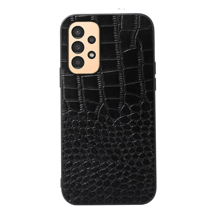 Black crocodile-textured leather phone case with cutouts and raised camera area