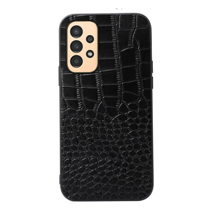 Black crocodile-textured leather phone case with cutouts and raised camera area