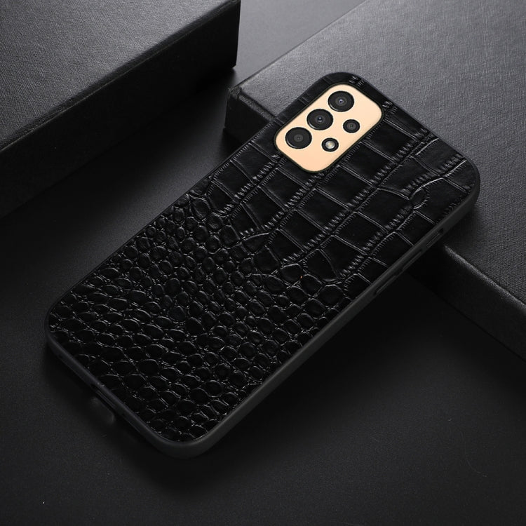 Black crocodile-textured leather phone case with camera cutout and slim edges