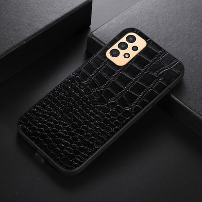 Black crocodile-textured leather phone case with camera cutout and slim edges