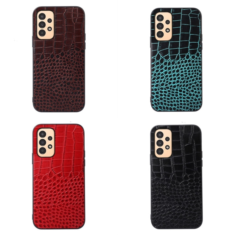 Crocodile-textured leather phone cases in red, black, coffee, and cyan