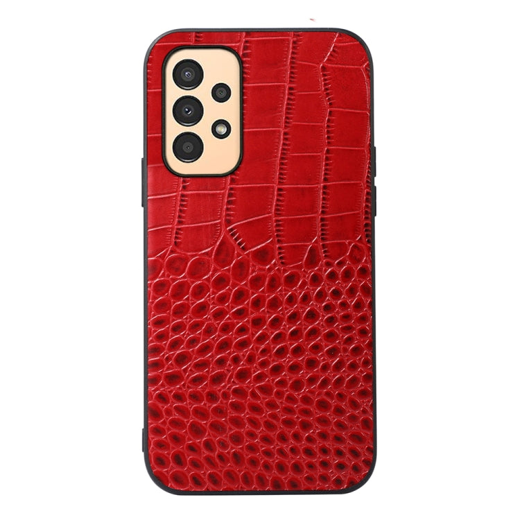 Red crocodile-textured leather phone case with camera cutout and grip edges