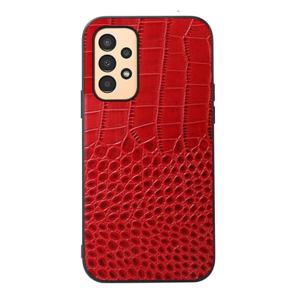 Red crocodile-textured leather phone case with camera cutout and grip edges
