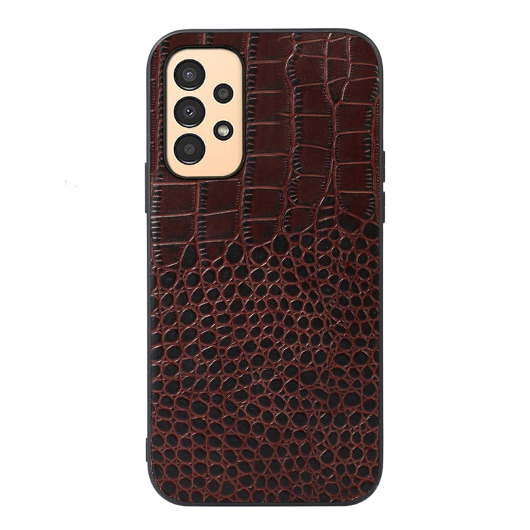 Coffee-brown crocodile-textured leather phone case with camera cutouts