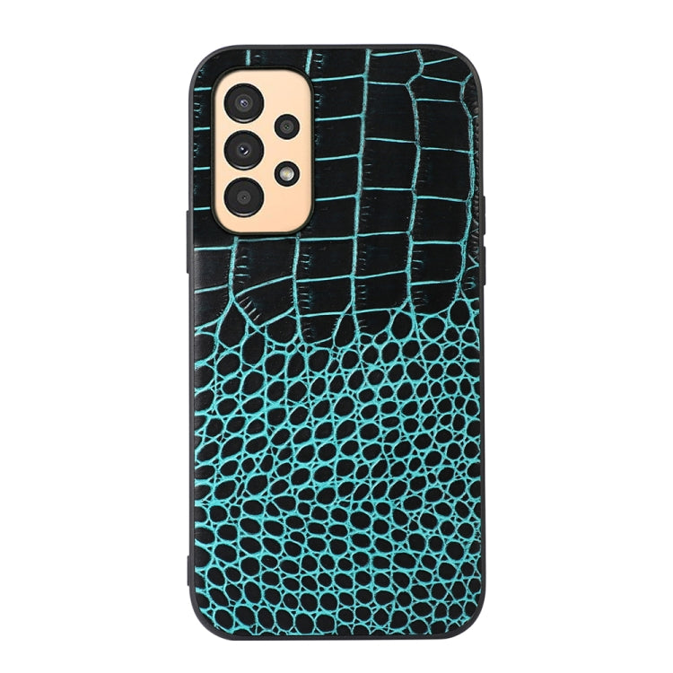 Cyan blue crocodile-textured leather phone case with camera cutouts