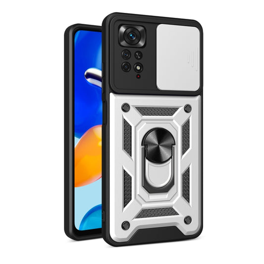 Protective phone case with sliding camera cover, ring stand, black and white