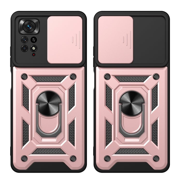 Protective phone case with sliding camera cover, ring stand, pink and black