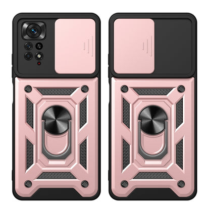 Protective phone case with sliding camera cover, ring stand, pink and black