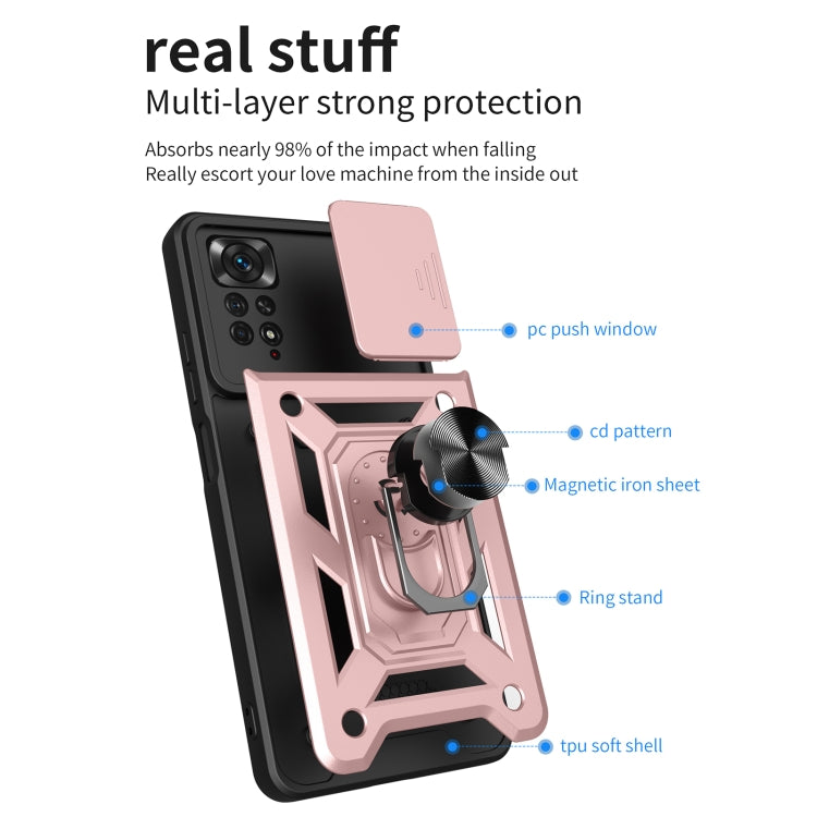 Protective phone case with sliding camera cover and ring stand, black and pink