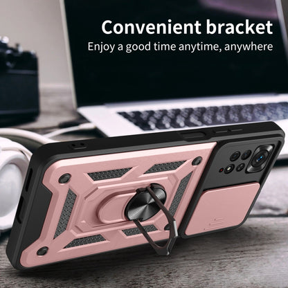 Protective phone case with ring stand and sliding camera cover, pink and black