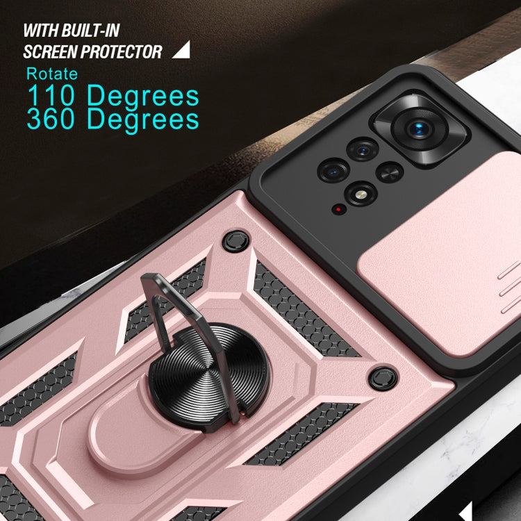 Protective phone case with ring stand and sliding camera cover, light pink and black