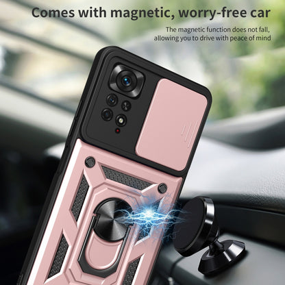 Protective phone case with ring stand and sliding camera cover, pink and black