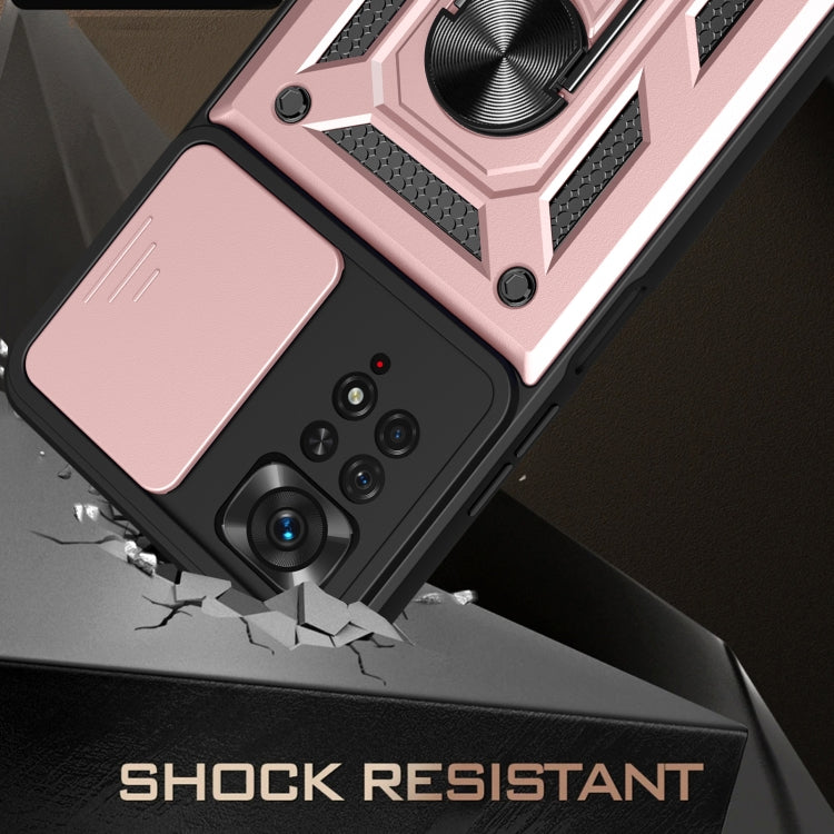 Protective phone case with ring stand, sliding camera cover, pink and black