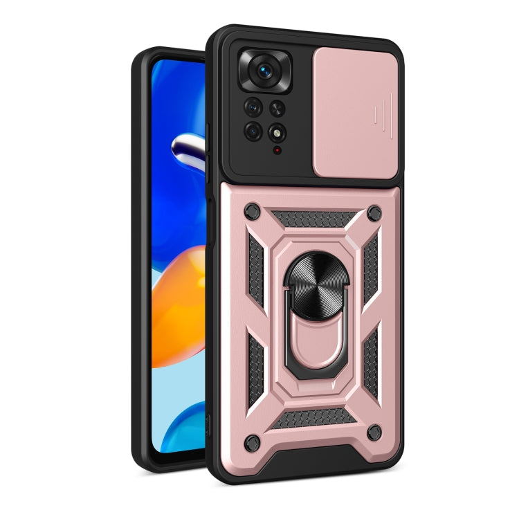 Protective phone case with sliding camera cover and ring stand, pink and black