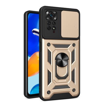 Protective phone case with sliding camera cover, ring stand, beige and black