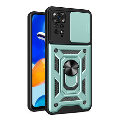 Protective phone case with sliding camera cover, ring stand, teal and black