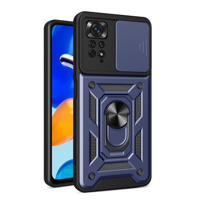 Protective phone case with sliding camera cover, black with dark blue panel and ring stand