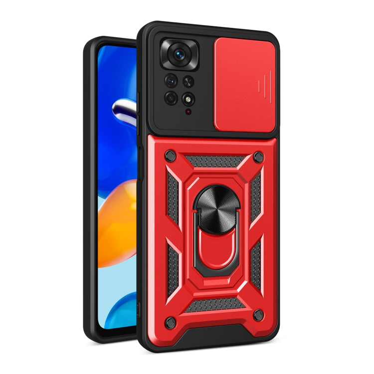 Protective phone case with sliding camera cover, black with red panel and ring stand