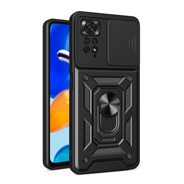 Protective phone case with sliding camera cover, black design with ring stand and cutouts
