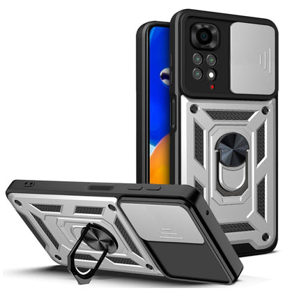 Protective phone case with sliding camera cover, black with silver panel, kickstand and ring