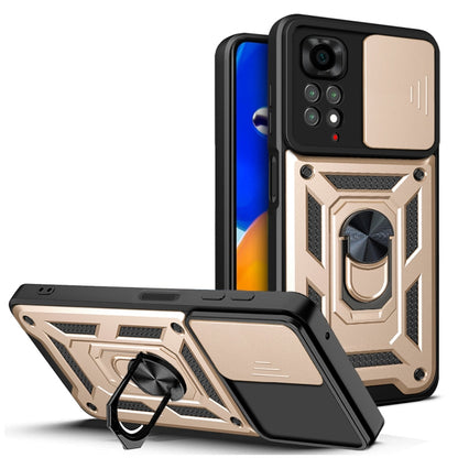 Protective phone case with sliding camera cover, black with gold panel, kickstand and ring