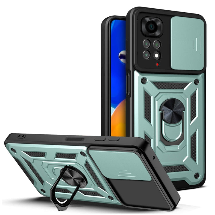 Protective phone case with sliding camera cover, black with dark green panel, kickstand and ring