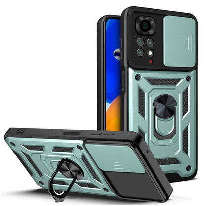 Protective phone case with sliding camera cover, black with dark green panel, kickstand and ring
