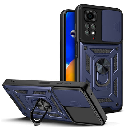 Protective phone case with sliding camera cover, black with blue panel, kickstand and ring