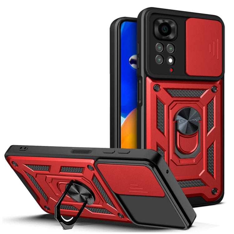 Protective phone case with sliding camera cover, black with red panel, kickstand and ring stand