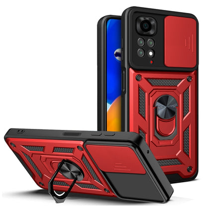 Protective phone case with sliding camera cover, black with red panel, kickstand and ring stand