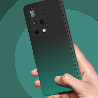 Dark green gradient foldable phone case held in hand with camera cutouts
